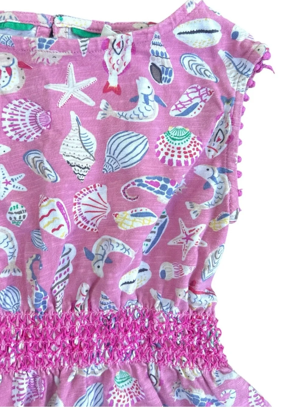 Mini Boden Girls Dress Pink Shell Print Smocked Waist 3-4 Yrs Ocean Beachy Fish‎